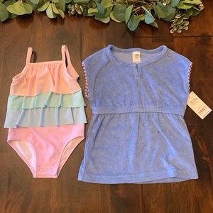 Carters Tiered Ruffle Swimsuit & NWT Osh Kosh Coverup 12 Months